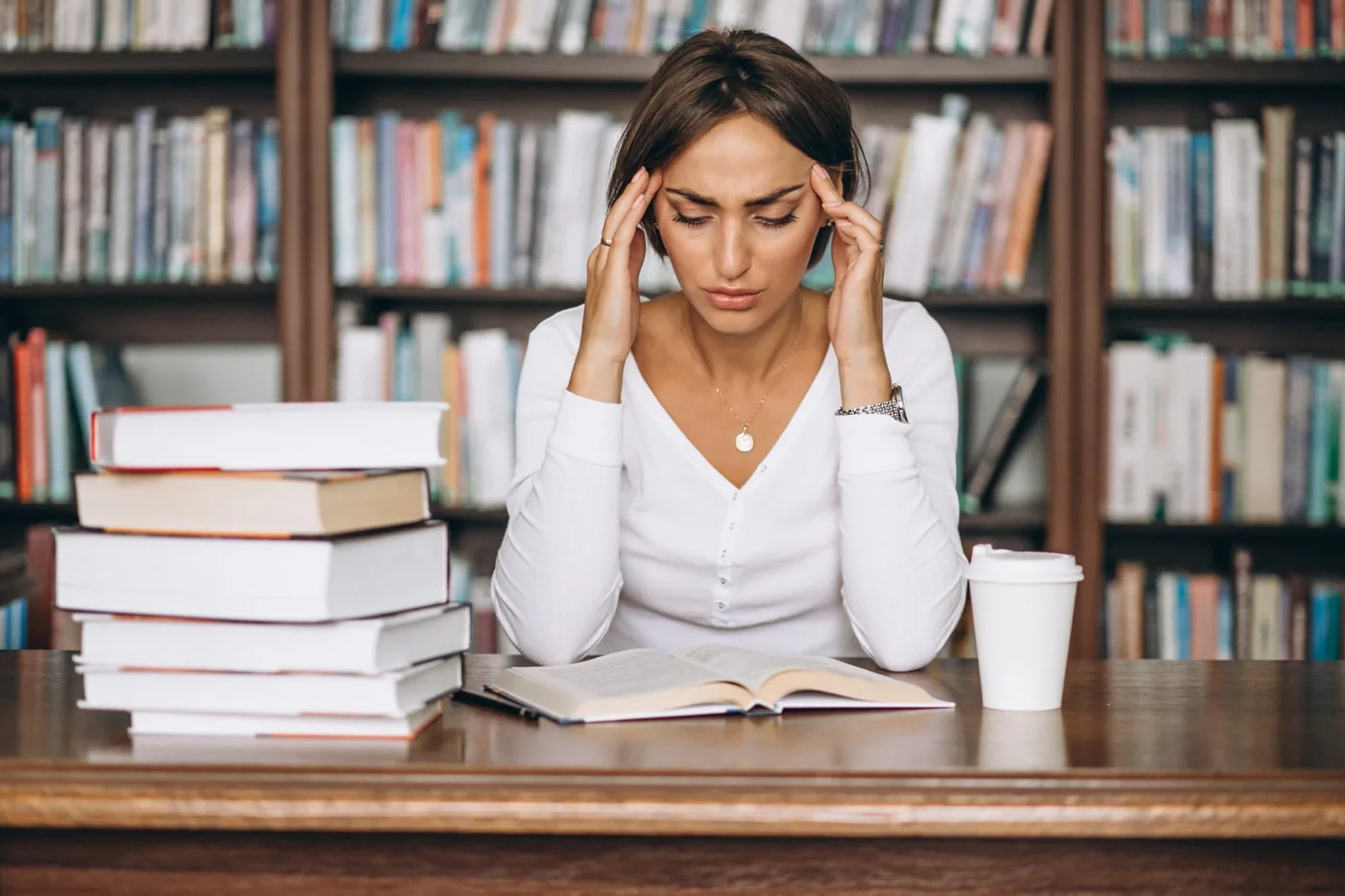 Joven agobiada ante una pila de libros en una biblioteca