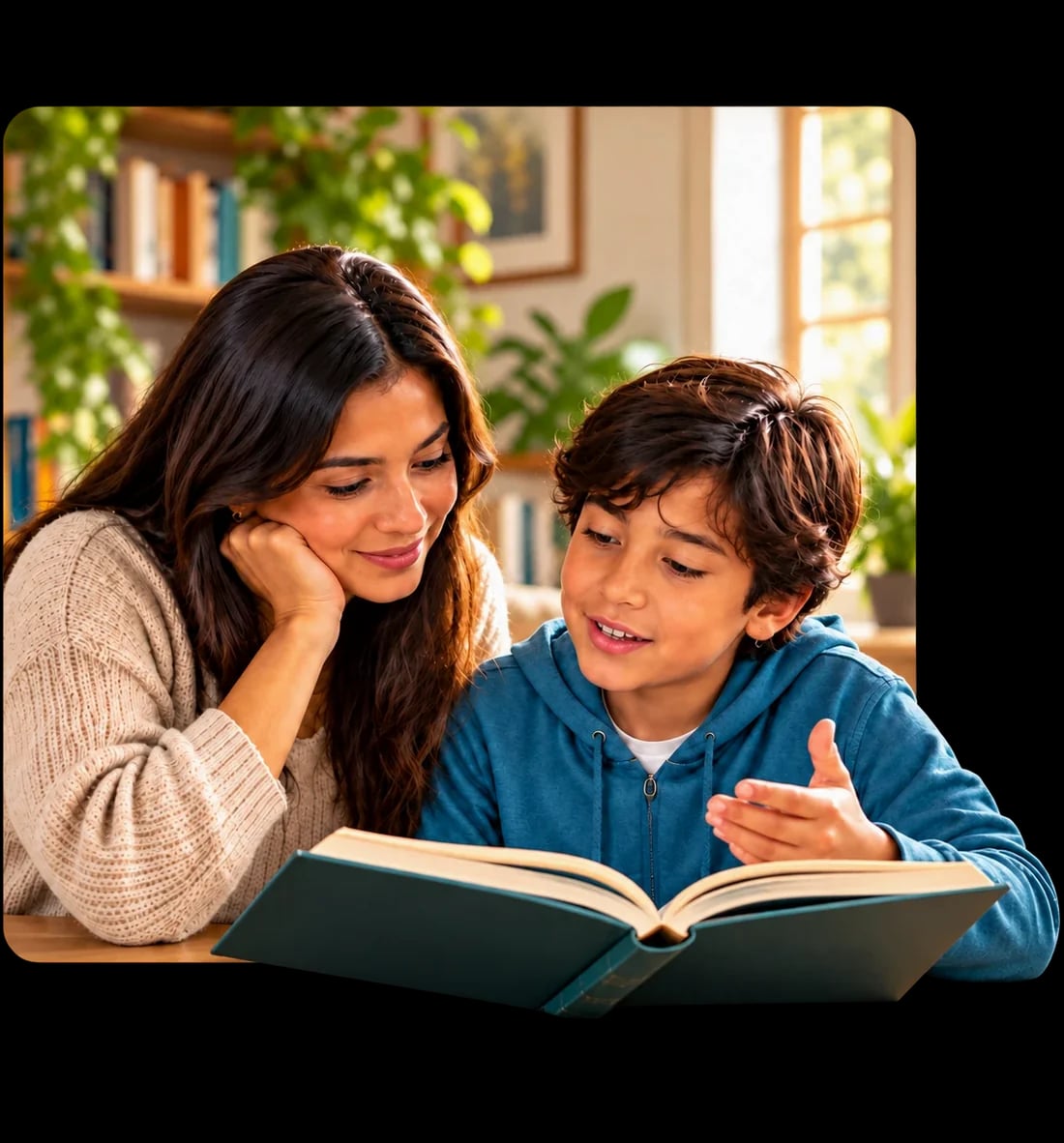 Madre y niño leyendo juntos un libro en casa