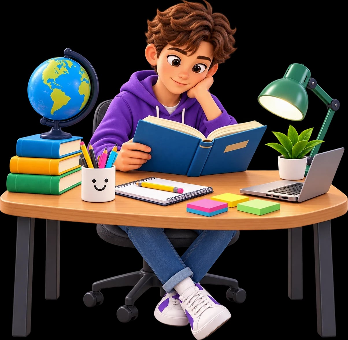 Ilustración de un chico leyendo un libro en su escritorio, con un globo terráqueo, una laptop y una libreta