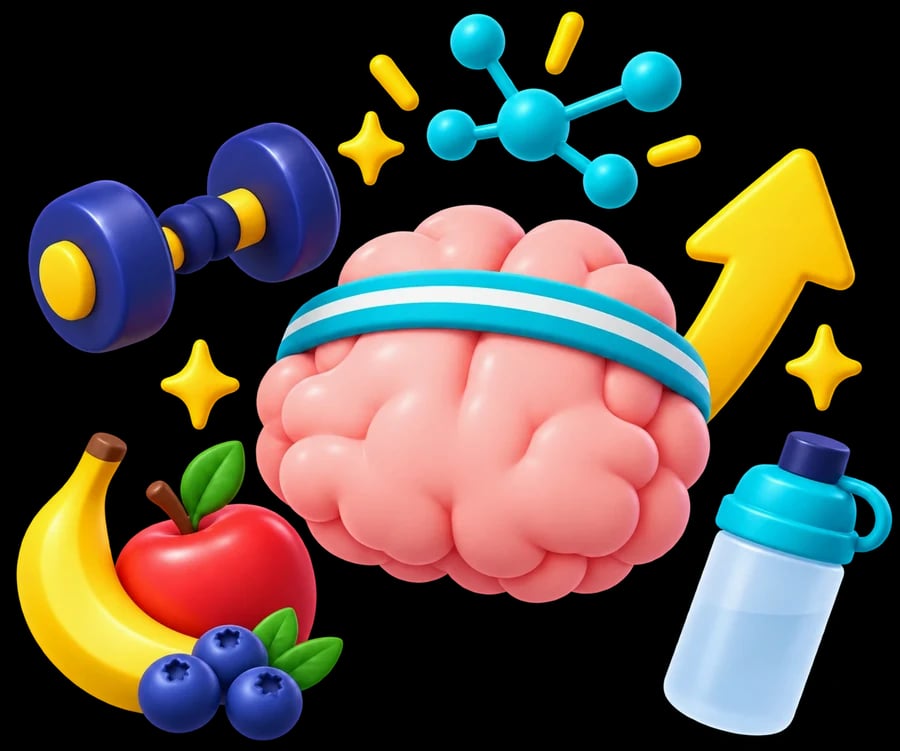 Un cerebro ilustrado con vincha deportiva, rodeado de pesas, fruta y una botella de agua